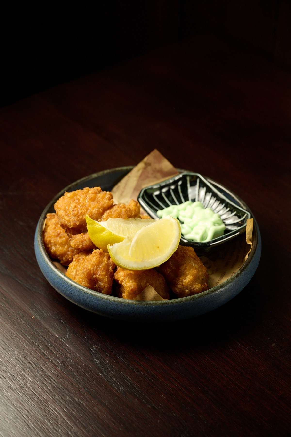 Japanese fried chicken karaage with lemon and wasabi mayo at NYC izakaya