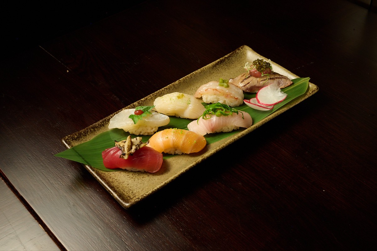 Premium nigiri sushi assortment with tuna, salmon and yellowtail at Showa Era NYC