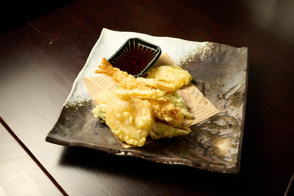 Crispy Japanese tempura platter with shrimp and vegetables at Showa Era Izakaya