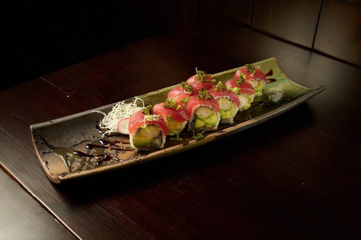 Premium tuna roll topped with caviar and avocado at Hell's Kitchen sushi restaurant